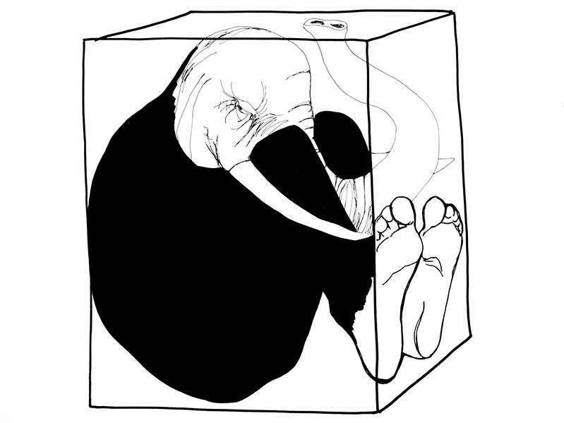 dessin une femme elephant dans un cube blanc